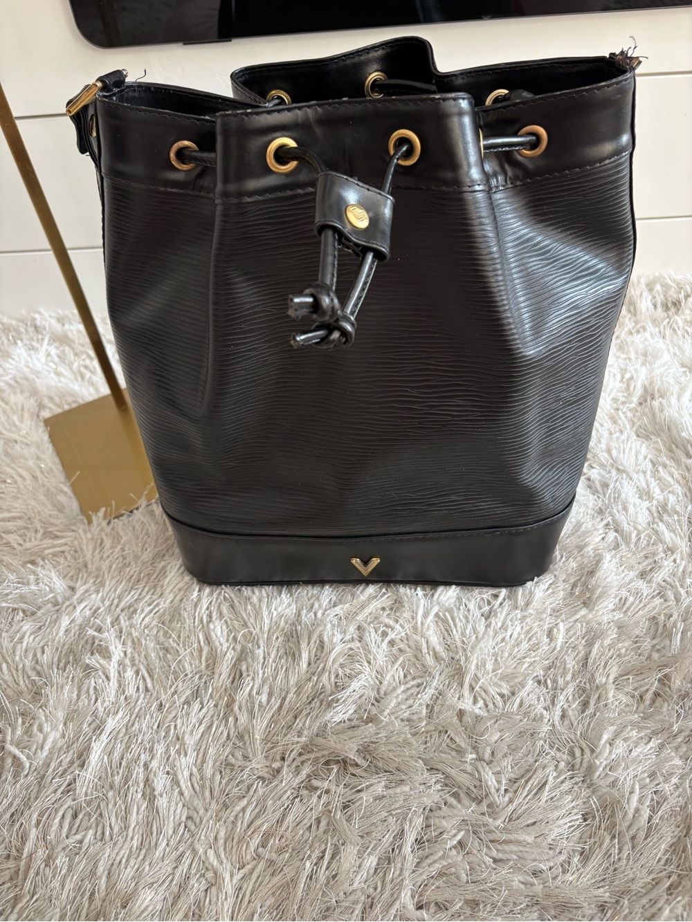Mario Valentino Black Leather Drawstring Bucket Shoulder Bag